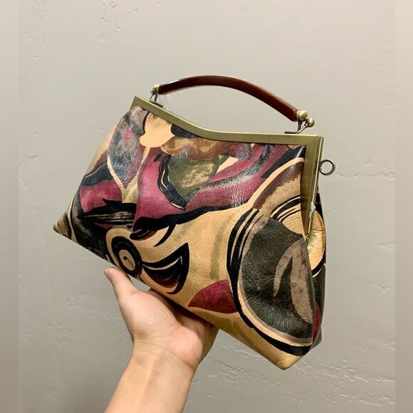 Abstract Print Genuine Cowhide Handmade Double Kisslock Bag with 2 Strap Styles - Picture 5 of 16